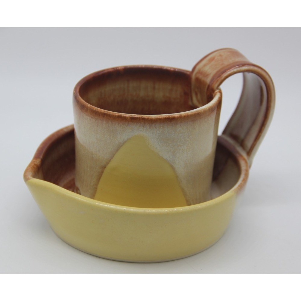 Handmade Pottery Microwave Bacon Cooker Yellow Brown Reactive Glaze Heavy Signed